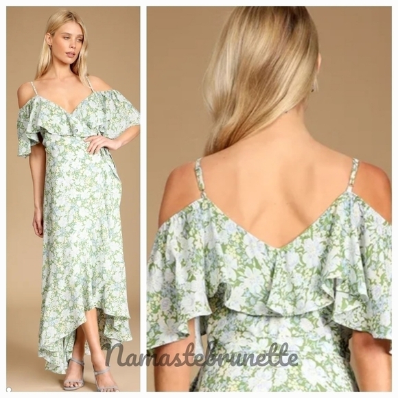 Nwt Lulu's S Green Floral Print Cold Shoulder Wrap Dress - Picture 5 of 14